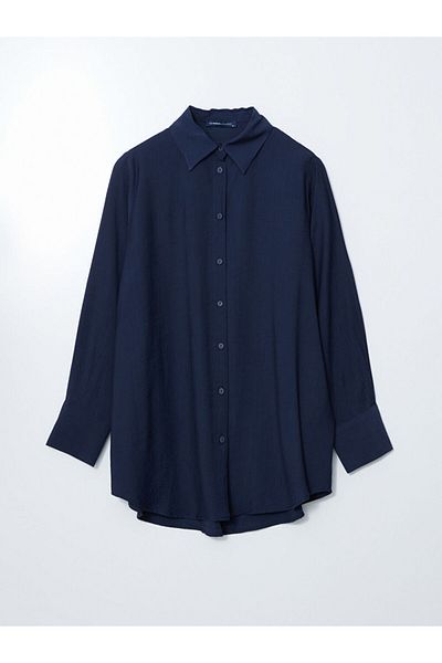 LC Waikiki Lcwaikiki Classic Navy Blue Textured Women's Crinkle Shirt Tunic