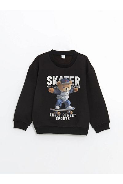 LC Waikiki Black Printed Sweatshirt and Sweatpants for Boy - Set of 2