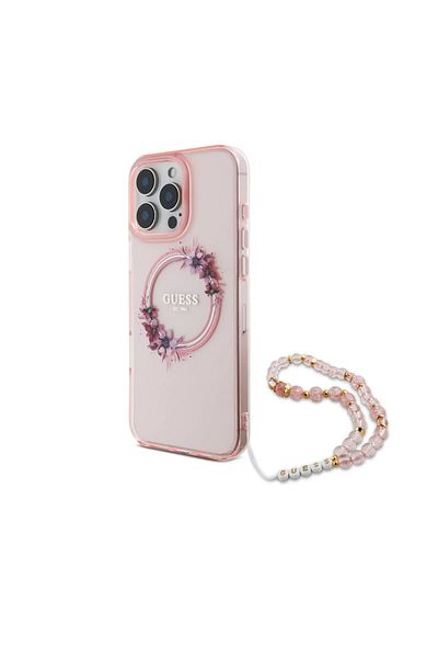 CG Mobile Guess Magsafe Iml Hard Case With Flower Wreath Design & Pearl Strap For iPhone 16