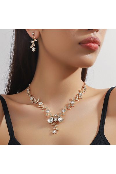 Choice 80830602-golden 3pc Women's Fashion Trend Small Flower Water Drop Necklace Earrings Jewelry Set Wedd