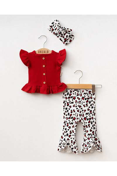 Jammybaby Leogirl Waffle Kısakol Body Spanish Pants Bandana 100% Cotton Baby Girl Summer Suit-Red