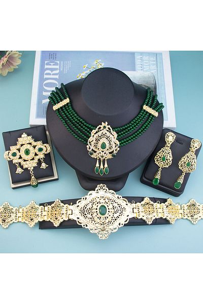 Choice 986220607setGREEN Sunspicems Gold Color Morocco Caftan Belt Waist Chain Women Beads Chain Choker Nec
