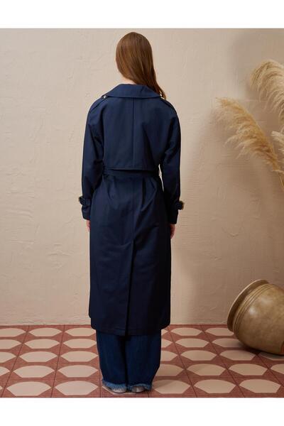 Kayra Toka Detaylı Erkek Yaka Trençkot Koyu Lacivert