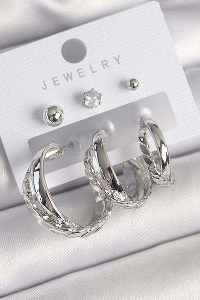 E BULURUM Brass Silver Color 3-Piece Hoop Model Zircon Stone Ball Detail Women's Earring Set