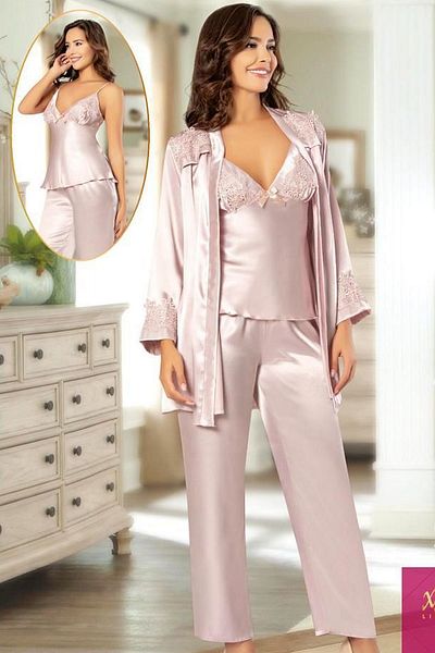 Xses 2102 Women's Satin Dressing Gown Pajama Suit-Powder