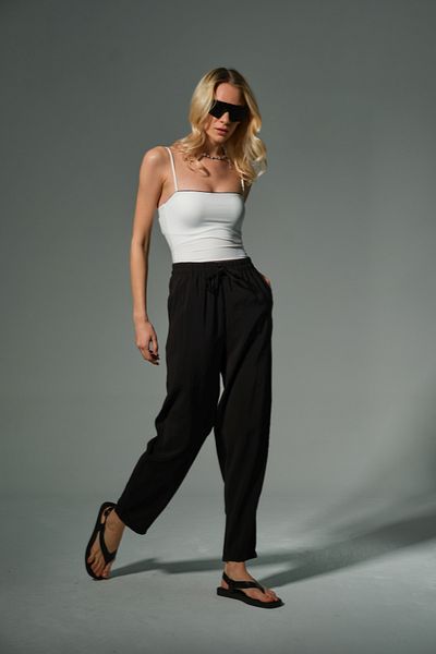 Domoda Black High Waist, Non-Stick, Drape Soft Lace up Elastic Carrot Women's Cupro Pants # Tavira