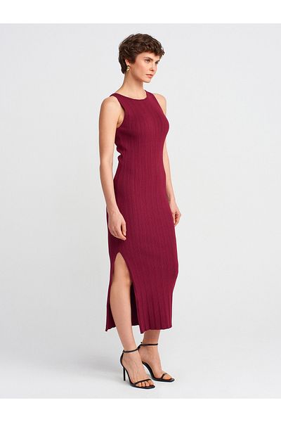 Dilvin 90247 Boat Neck Ribbed Slit Knitwear Dress-Claret Red