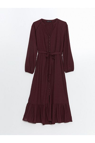 LC Waikiki Lcwaikiki Classic Burgundy Runaway Collar Textured Women's Dress