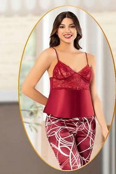 Xses 2151 Costum de pijama pentru femei cu imprimeu din satin - Roșu Claret