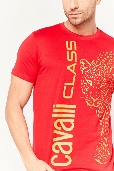 Cavalli Class Men Crew Neck Short Sleeve Graphic Print T-Shirt, Red