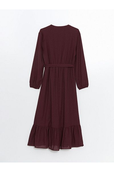 LC Waikiki Lcwaikiki Classic Burgundy Runaway Collar Textured Women's Dress