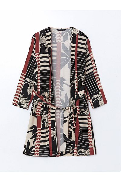 LC Waikiki Lcw Modest Black Shawl Collar Patterned Oversize Women's Kimono
