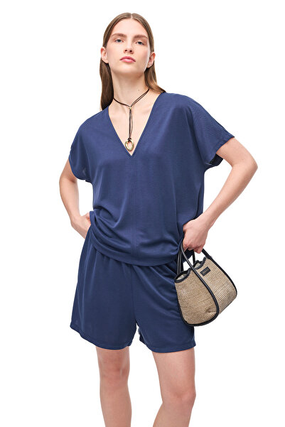 Perspective Lacivert Dinos Regular Fit Yüksek Bel Kısa Boy Şort