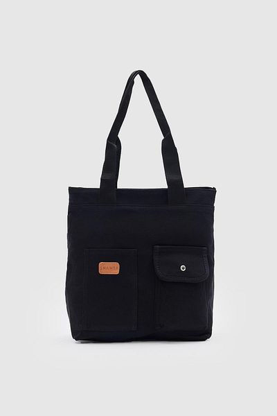 Shanta Black D01 Zippered Canvas Fabric Front 2 Pocket Detailed Daily Women's Shoulder Bag