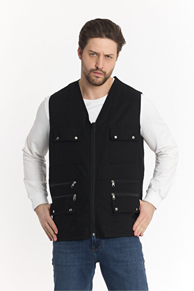 KALENDMARK ERKEK SİYAH YAZLIK PAMUK KETEN KUMAŞ ÇOK CEPLİ AVCI YELEK RAHAT KALIP