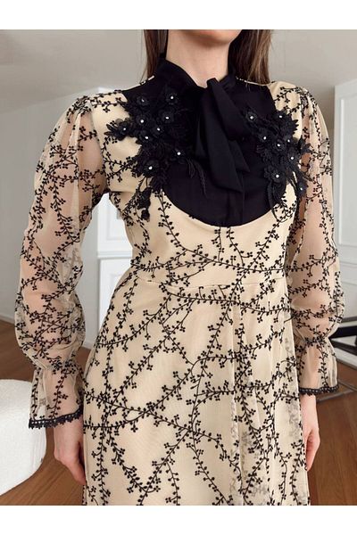 asyadabutik Women's Tulle and Embroidery Detailed Special Design Evening Dress