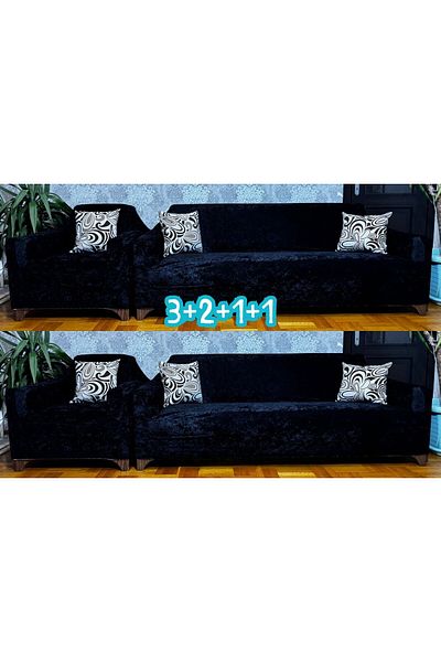 UYMALL Huse pentru canapea cu elastic din catifea 3-2-1-1 set negru – husă elastică pentru scaun, husă pentru canapea anti-alunecare