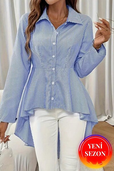Moda Monisa Kadın Asimetrik Kesim Çizgili Uzun Kollu Terikoton Gömlek – Moder...