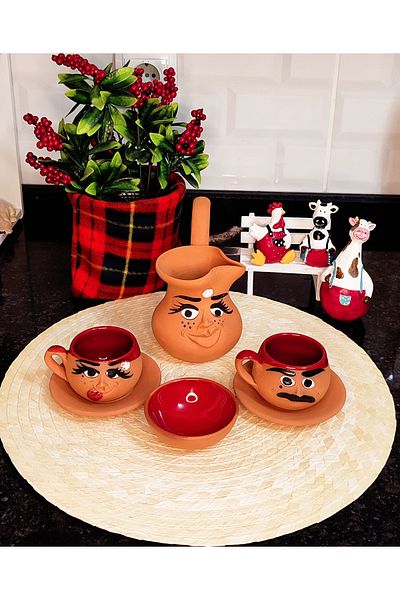 HerşeyTopraktan Toprak Handmade Emoji Expression Coffee Cup Set + Coffee Pot