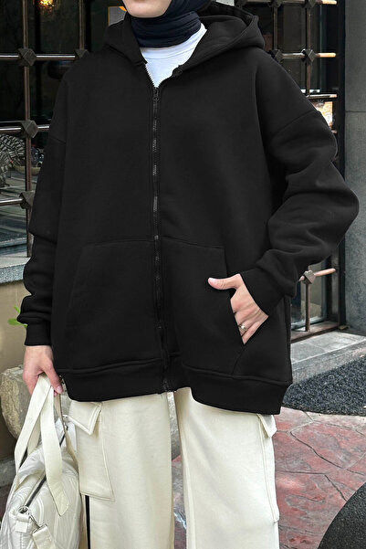 YAKAMEL Kadın SİYAH Oversize Bol Tam Fermuarlı Hırka