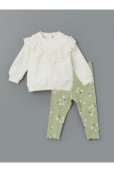 LC Waikiki طقم من قطعتين من سويت شيرت وطماق للفتيات الصغيرات برقبة دائرية من LCW Baby Ecru