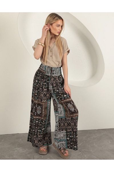 chwain Women's Blue Relaxed Cut Loose Leg Ethnic Patterned High Waist Viscose Palazzo Trousers