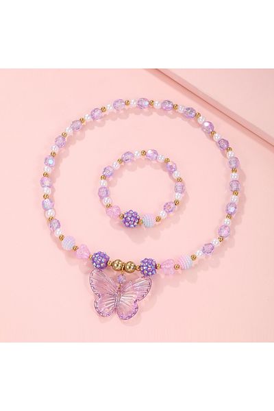 Choice QT011-03 2Pcs/set Pink Butterfly Charm Necklace Bracelet Princess Girl Jewelry Set for Daughter Niec