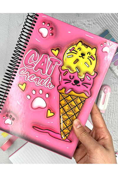 ZeCo Collection Cat Cream Desenli 100 Sayfa Çizgili Spiralli Sert Kapak Defte...