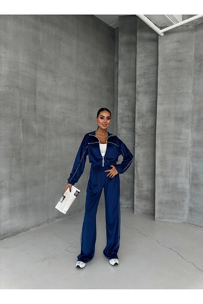 Asfa Moda Σετ αθλητικής φόρμας γυναικείας Saks Blue Velvet Fabric με φερμουάρ