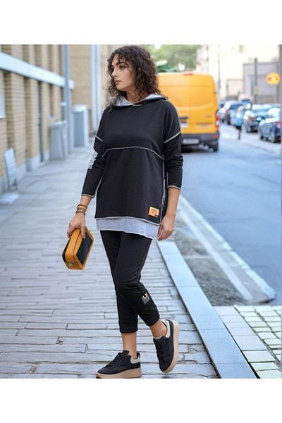 Moka Shopin Mokashopin Women's Black Hooded Skirt Tip Detail Rigging Reverse Stitching Double Suit