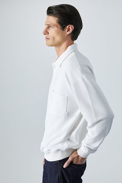 GRIMELANGE Sımplyfy Men's Polo Neck Long Sleeve Oversize Buttoned White Sweatshirt