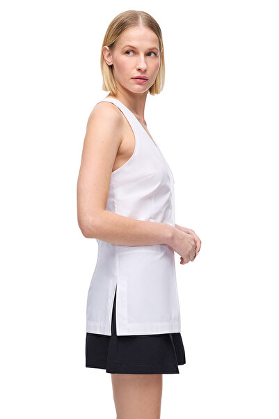Perspective White Albas Regular Fit V-Neck Zero Sleeve Blouse