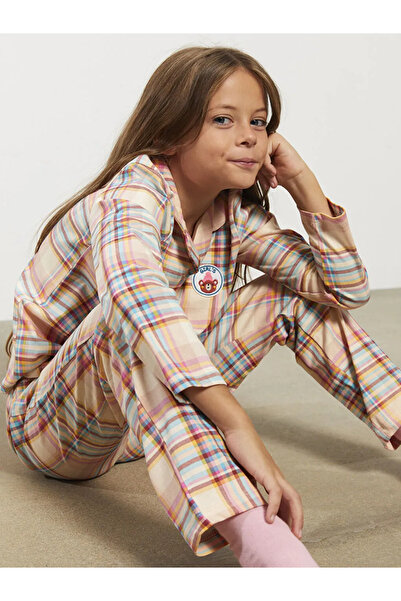 LC Waikiki LCW Kids Ekru Gömlek Yaka Ekose Uzun Kollu Kız Çocuk Pijama Takımı