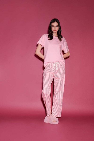 DeFacto New Season Pajama Set Short Sleeve Top Stretchy Waisted Long Bottom-Fall in Love