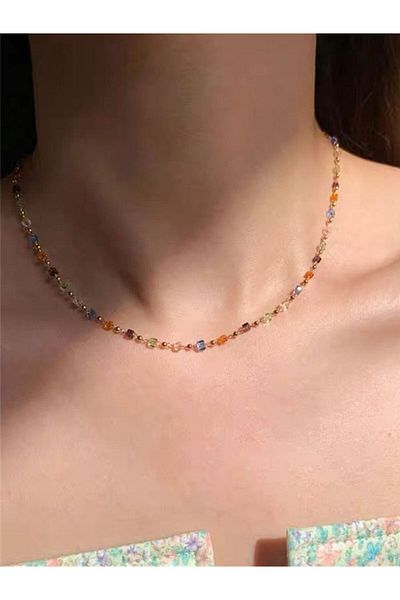 Choice NJ-887 Simple Colorful Square Acrylic Choker Fashion Gold Color Bead Chain Necklace Vintage Crystal