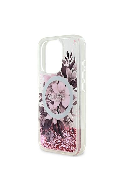 CG Mobile Guess Magsafe Liquid Glitter Hard Case With Flower Design For iPhone 16 Pro - Pink