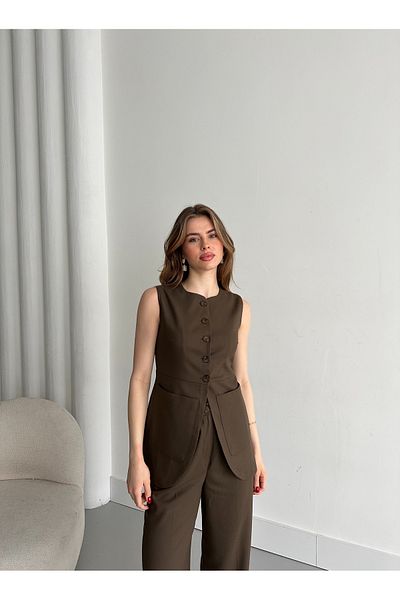Laluvia Brauner Knopfwesten-Hosenanzug -8484