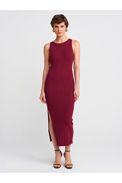 Dilvin 90247 Πλεκτό φόρεμα με λαιμόκοψη με ραβδώσεις-μπορντό