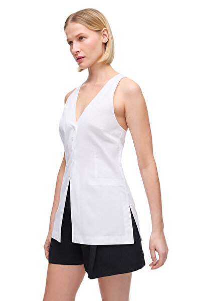 Perspective White Albas Regular Fit V-Neck Zero Sleeve Blouse