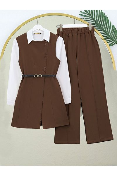 Modamorfo Long Vest and Trousers Set - Belt and Button, Coffee