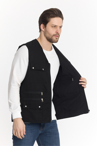 KALENDMARK ERKEK SİYAH YAZLIK PAMUK KETEN KUMAŞ ÇOK CEPLİ AVCI YELEK RAHAT KALIP