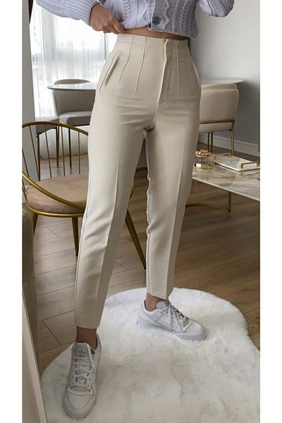 EN MODA STORE Carrot Leg Classic Stylish Women's Beige Trousers