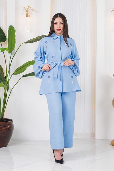 turkish dreams Women's Stoned Pearl Detailed Linen Shirt and Pants Set