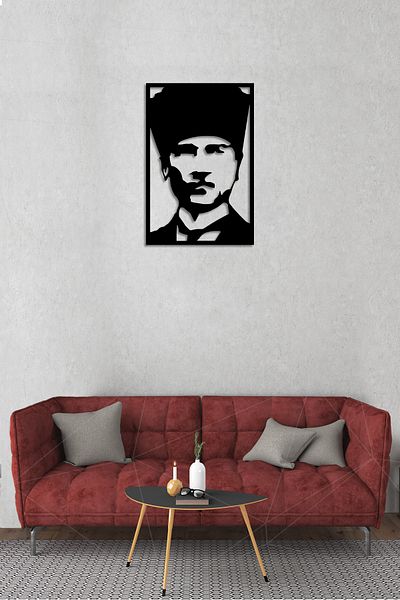 NT Handmade Decor de perete Ataturk din lemn negru pentru living dormitor birou 30x45cm pictura Mdf