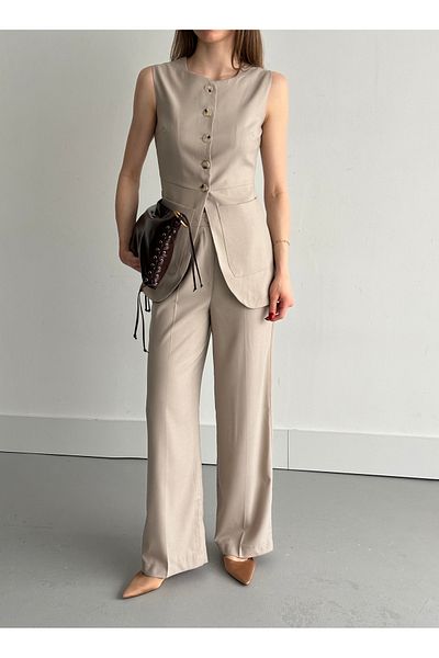 Laluvia Steinknopf-Weste-Hosen-Set -8484