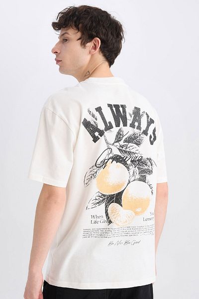 DeFacto 100% Cotton Boxy Fit Crew Neck Back Printed Short Sleeve T-Shirt E0910Ax25Sm