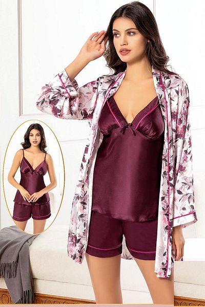 Xses 2156 Women's Satin Printed Dressing Shorts Set-Plum