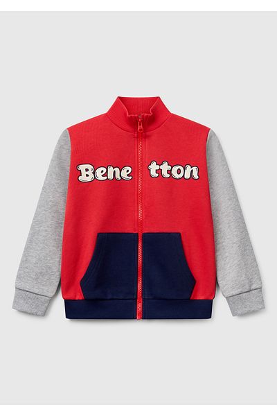 United Colors of Benetton Boy's Red Mix Benetton Logo Embroidered Zippered Sweatshirt