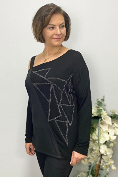 Mia Butik Women's Black One Shoulder Asymmetrical Stone Detailed Blouse