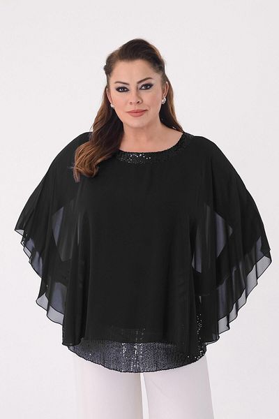 LİLAS XXL Plus Size Black Colored Chiffon Evening Dress Blouse